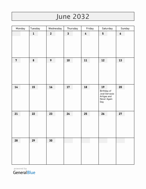 Uruguay June 2032 Calendar with Holidays