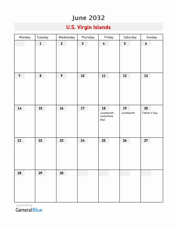 U.S. Virgin Islands June 2032 Calendar with Holidays