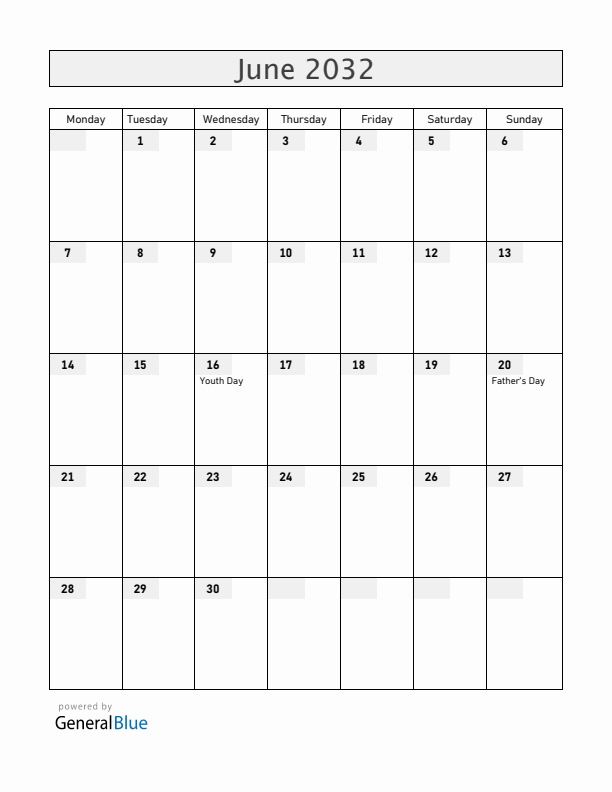 South Africa June 2032 Calendar with Holidays