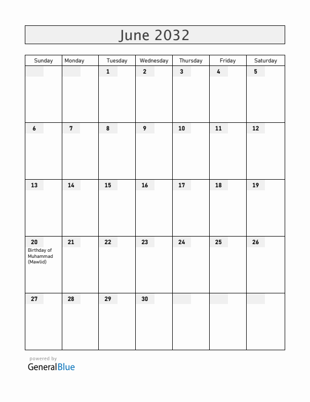 United Arab Emirates June 2032 Calendar with Holidays