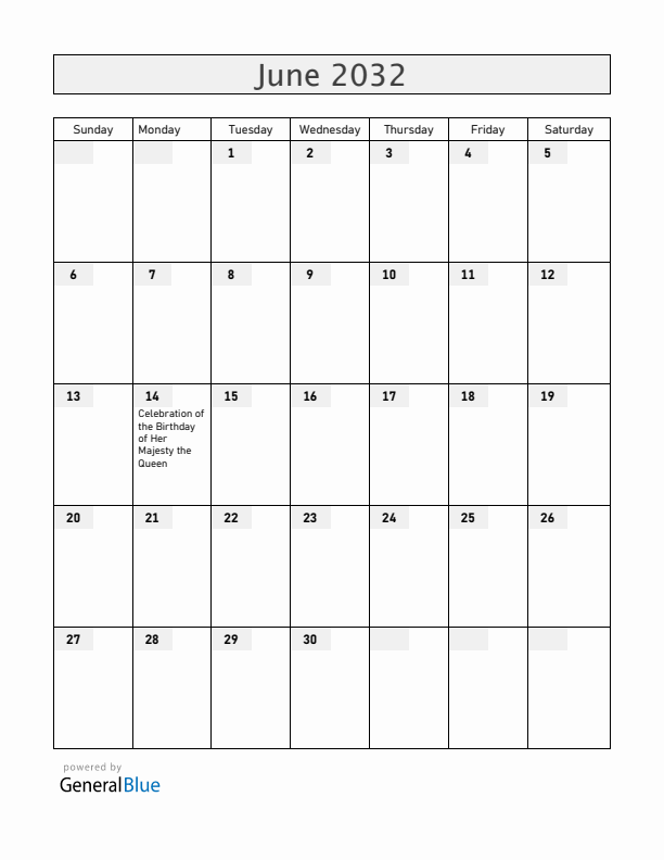 Anguilla June 2032 Calendar with Holidays
