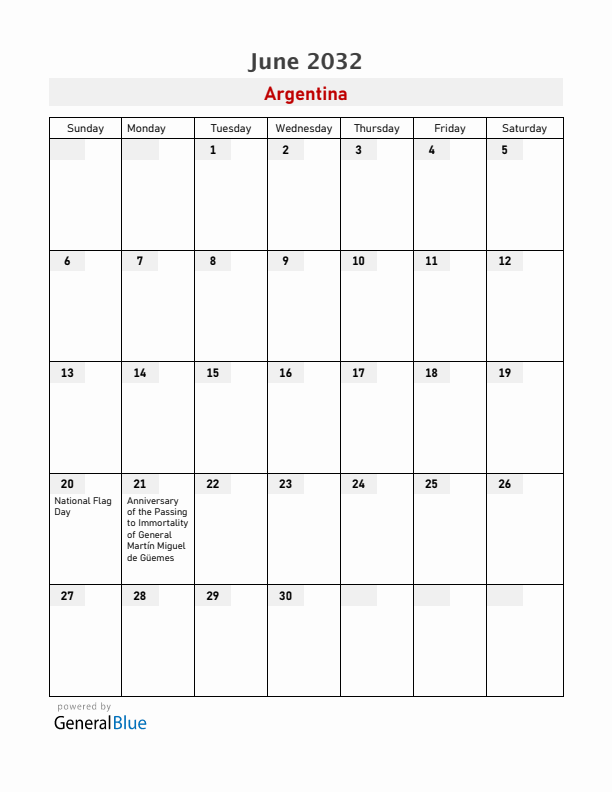Argentina June 2032 Calendar with Holidays