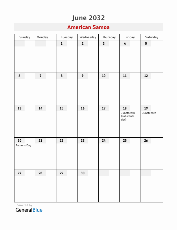 American Samoa June 2032 Calendar with Holidays