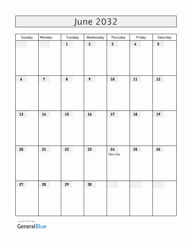 Aruba June 2032 Calendar with Holidays