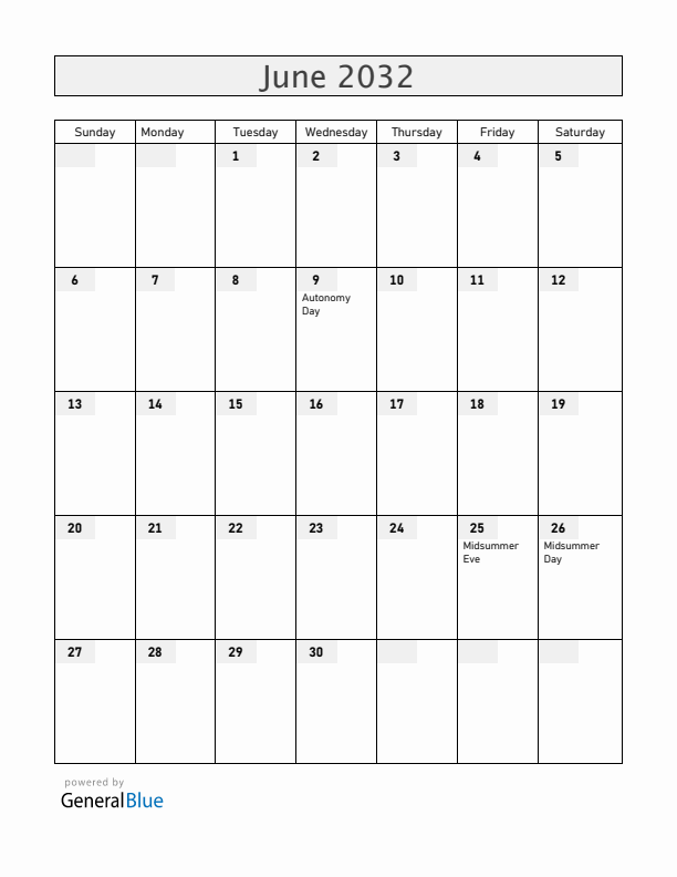 Aland Islands June 2032 Calendar with Holidays