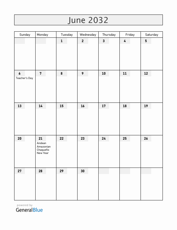 Bolivia June 2032 Calendar with Holidays