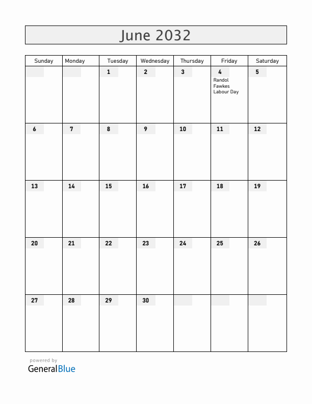 Bahamas June 2032 Calendar with Holidays