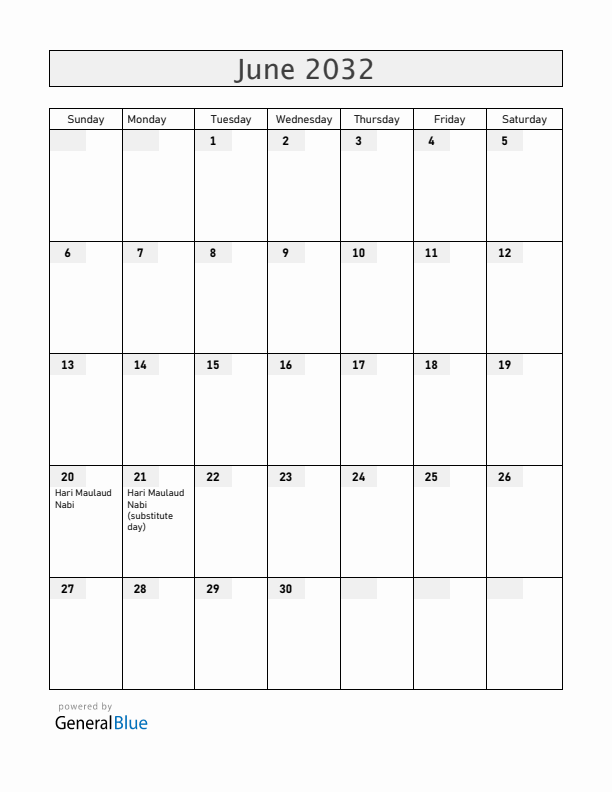 Cocos Islands June 2032 Calendar with Holidays