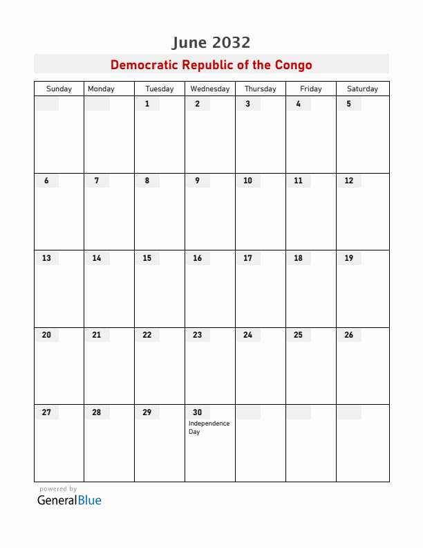 Democratic Republic of the Congo June 2032 Calendar with Holidays