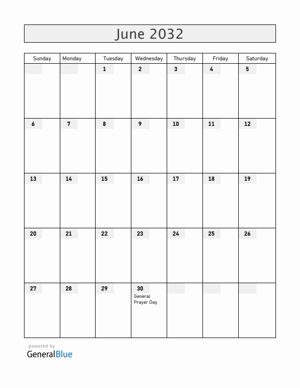 Central African Republic June 2032 Calendar with Holidays