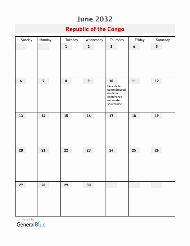 Republic of the Congo June 2032 Calendar with Holidays