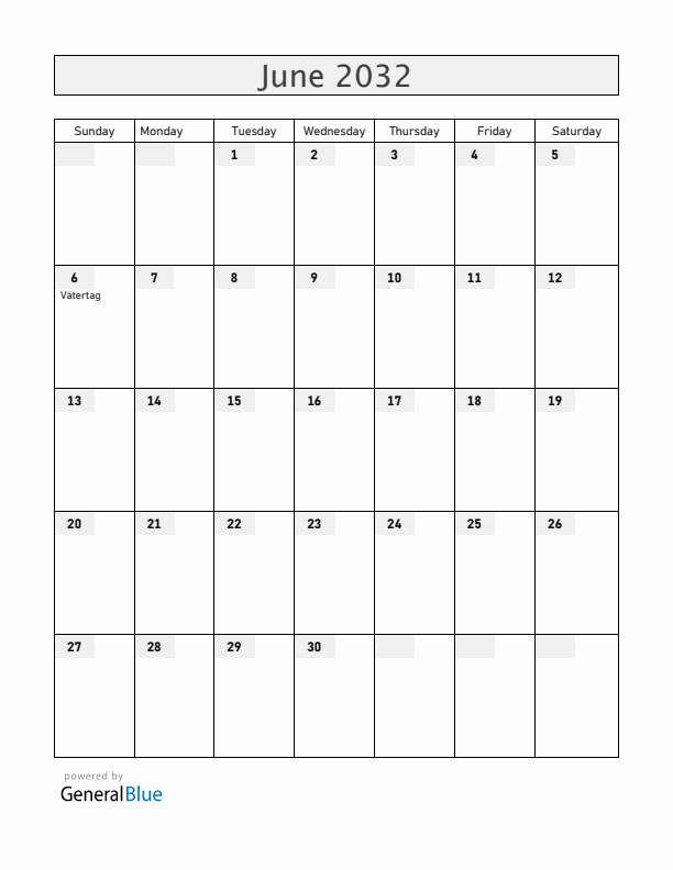 Switzerland June 2032 Calendar with Holidays