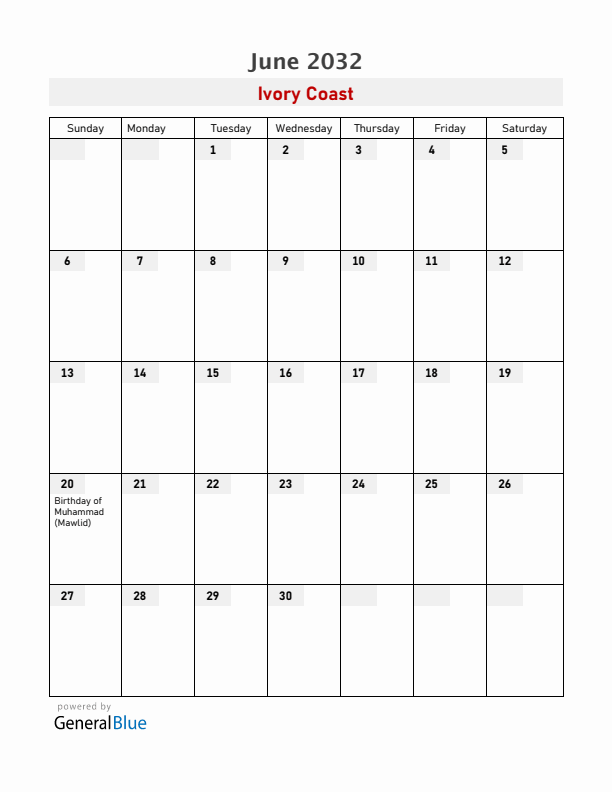 Ivory Coast June 2032 Calendar with Holidays