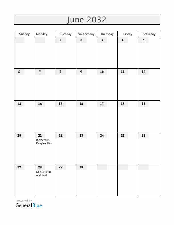 Chile June 2032 Calendar with Holidays