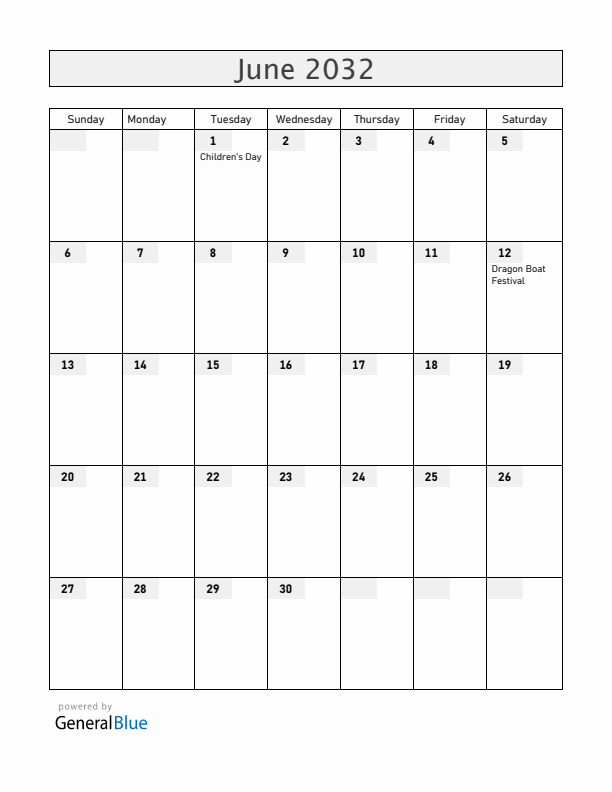China June 2032 Calendar with Holidays