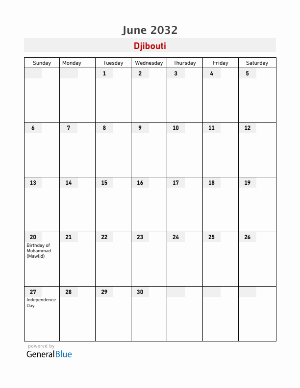 Djibouti June 2032 Calendar with Holidays