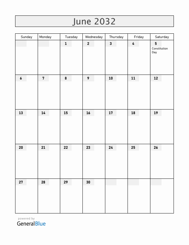 Denmark June 2032 Calendar with Holidays