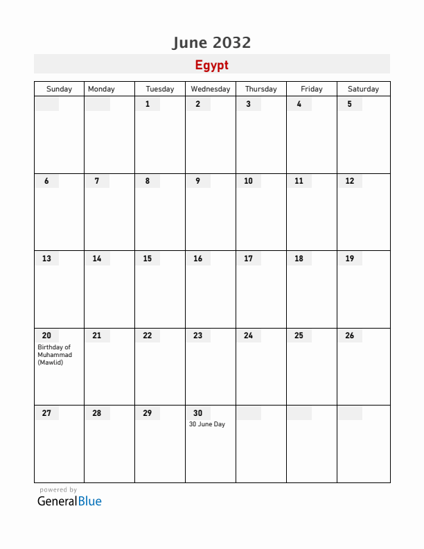 Egypt June 2032 Calendar with Holidays