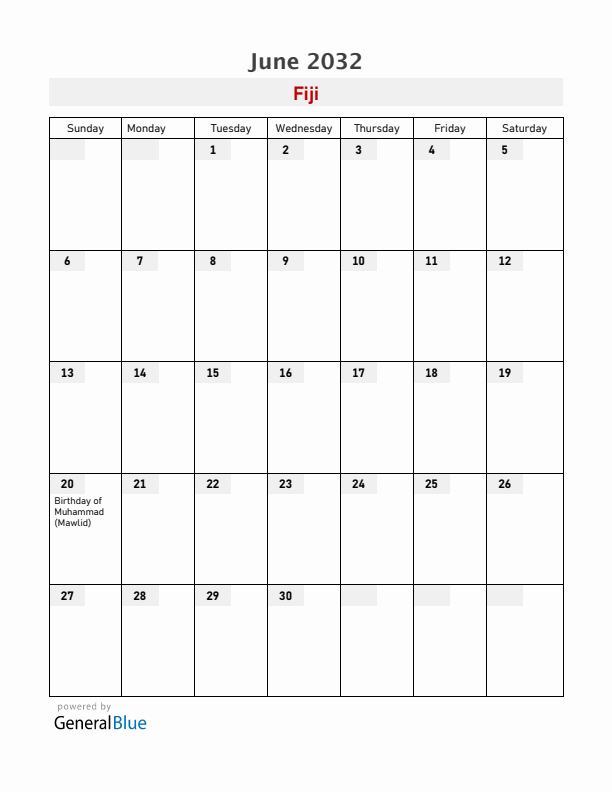 Fiji June 2032 Calendar with Holidays