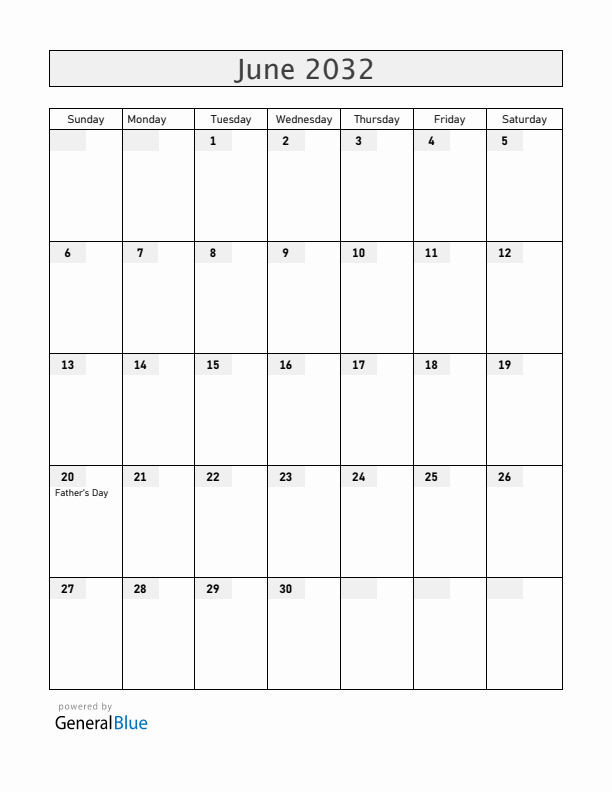 Guernsey June 2032 Calendar with Holidays
