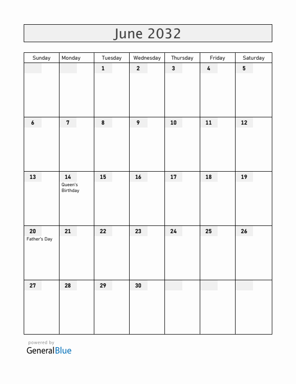 Gibraltar June 2032 Calendar with Holidays