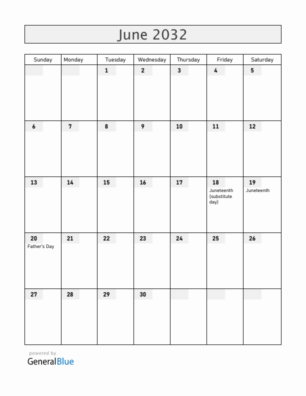 Guam June 2032 Calendar with Holidays
