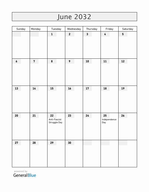 Croatia June 2032 Calendar with Holidays