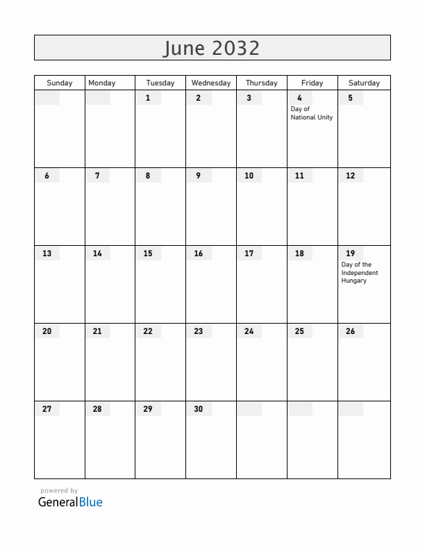 Hungary June 2032 Calendar with Holidays