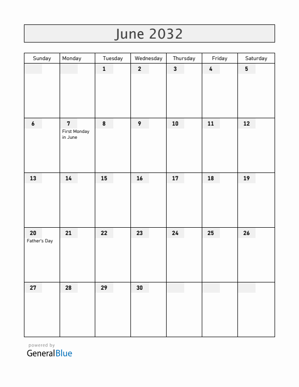 Ireland June 2032 Calendar with Holidays