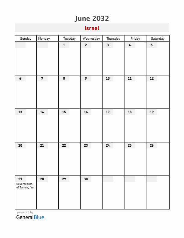 Israel June 2032 Calendar with Holidays