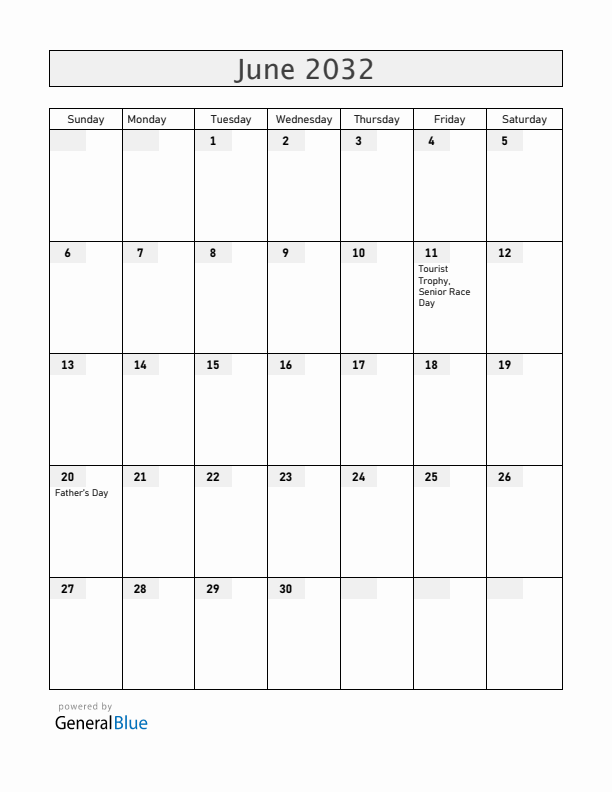 Isle of Man June 2032 Calendar with Holidays