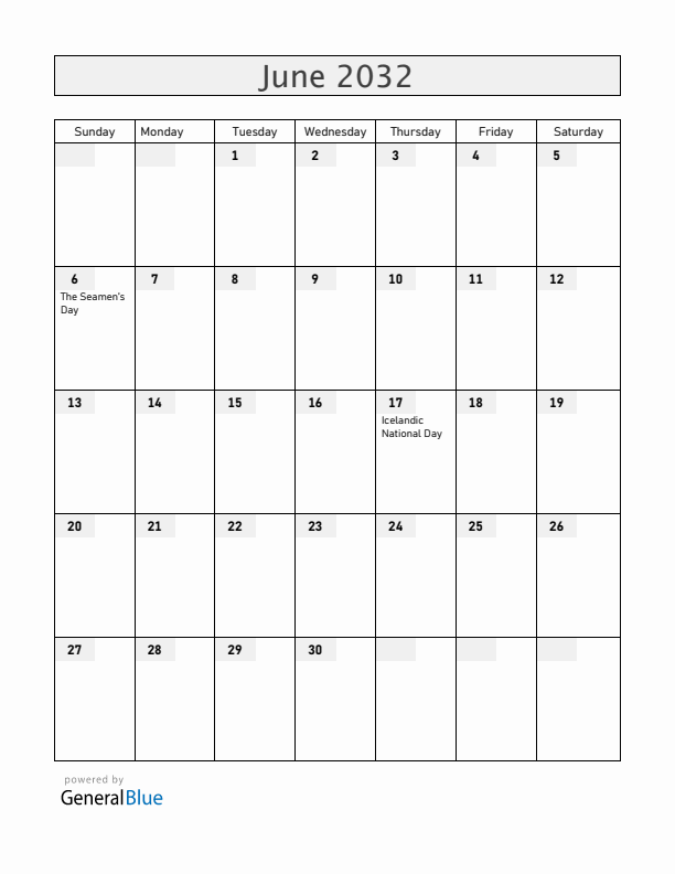 Iceland June 2032 Calendar with Holidays