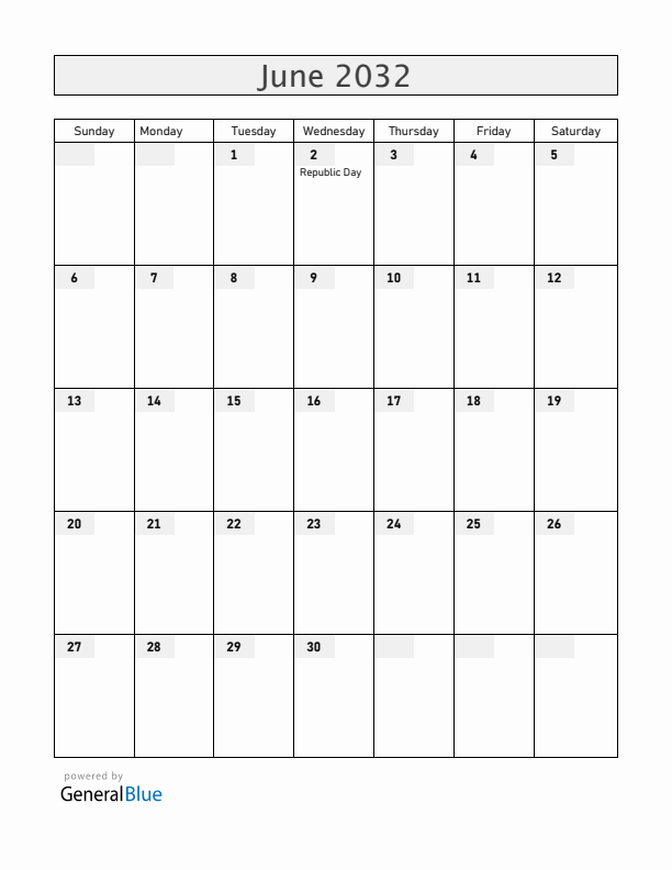 Italy June 2032 Calendar with Holidays