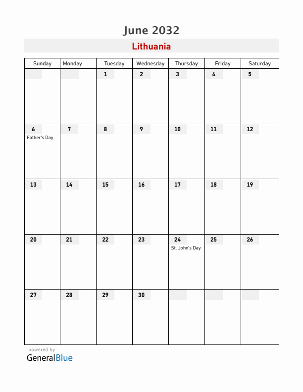 Lithuania June 2032 Calendar with Holidays