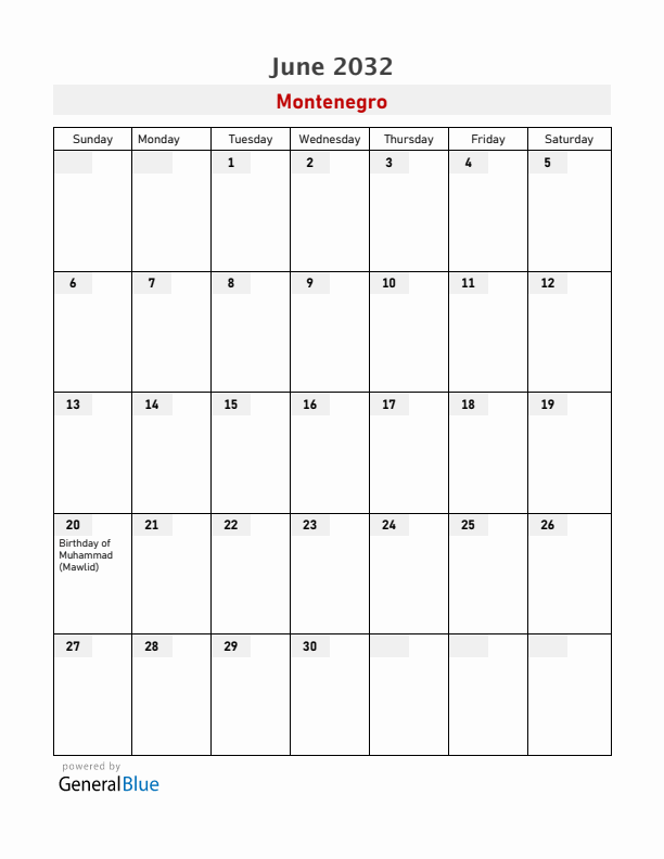 Montenegro June 2032 Calendar with Holidays
