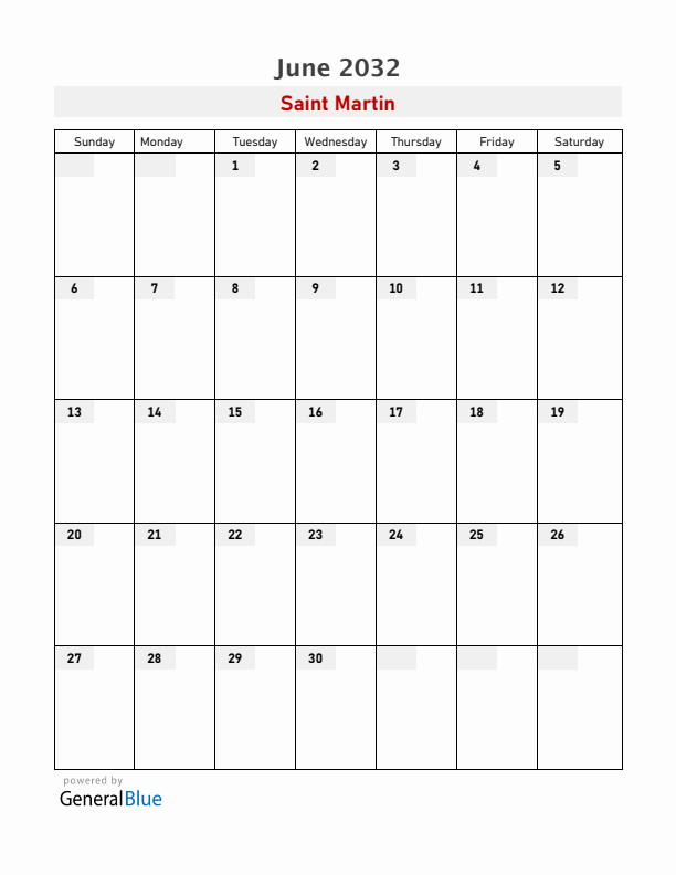 Saint Martin June 2032 Calendar with Holidays