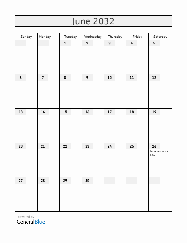 Madagascar June 2032 Calendar with Holidays