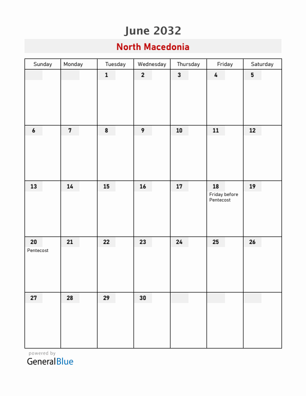 North Macedonia June 2032 Calendar with Holidays