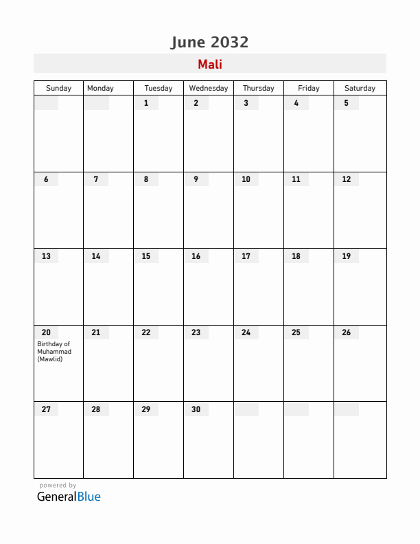 Mali June 2032 Calendar with Holidays