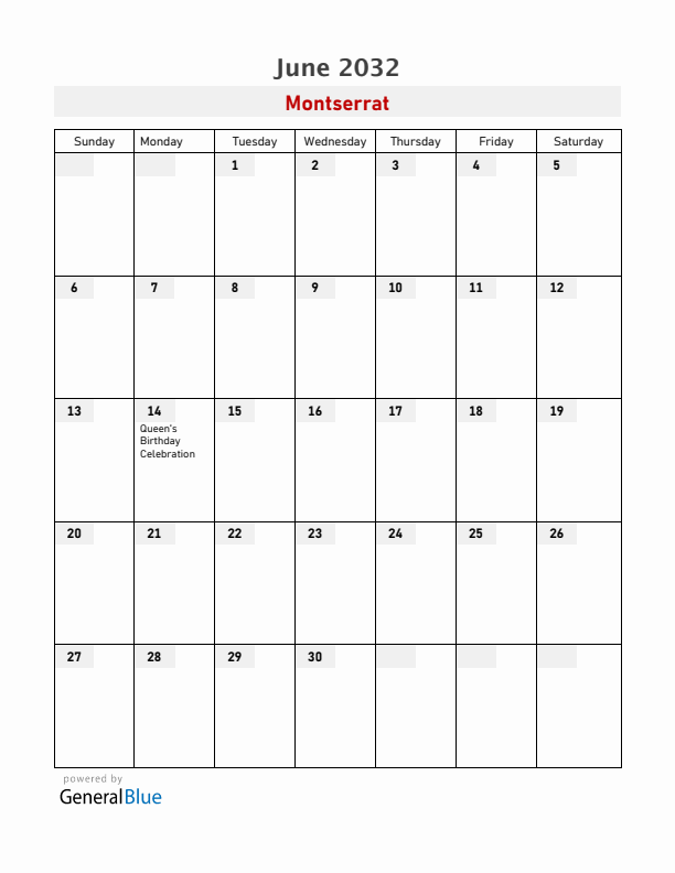 Montserrat June 2032 Calendar with Holidays