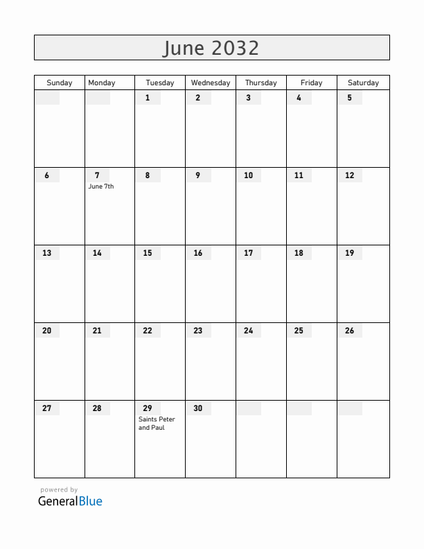 Malta June 2032 Calendar with Holidays
