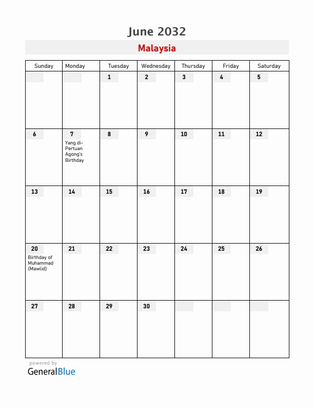 Malaysia June 2032 Calendar with Holidays