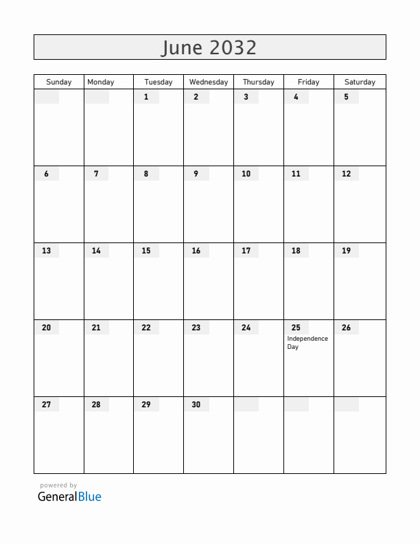 Mozambique June 2032 Calendar with Holidays