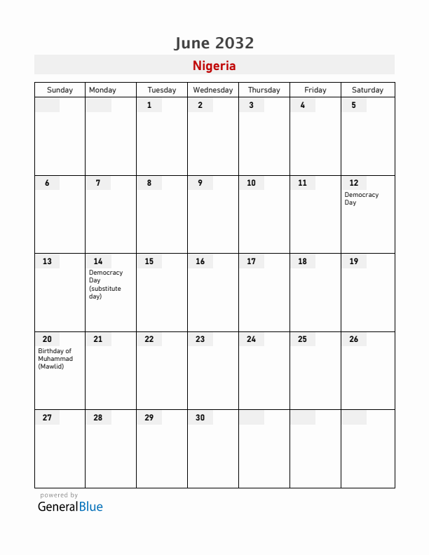 Nigeria June 2032 Calendar with Holidays