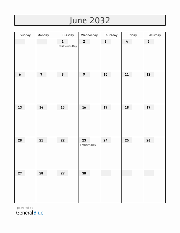 Nicaragua June 2032 Calendar with Holidays