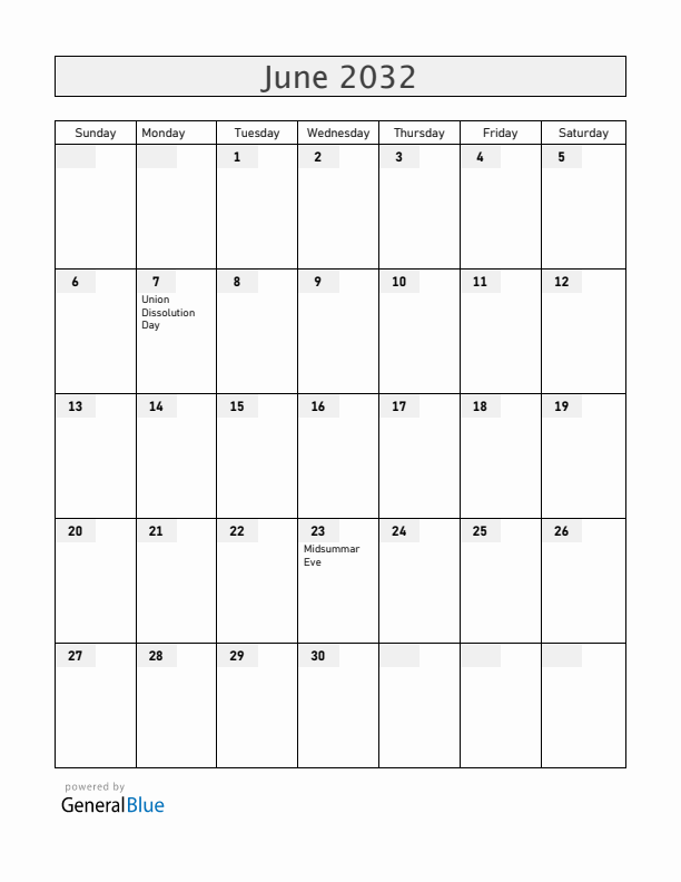 Norway June 2032 Calendar with Holidays