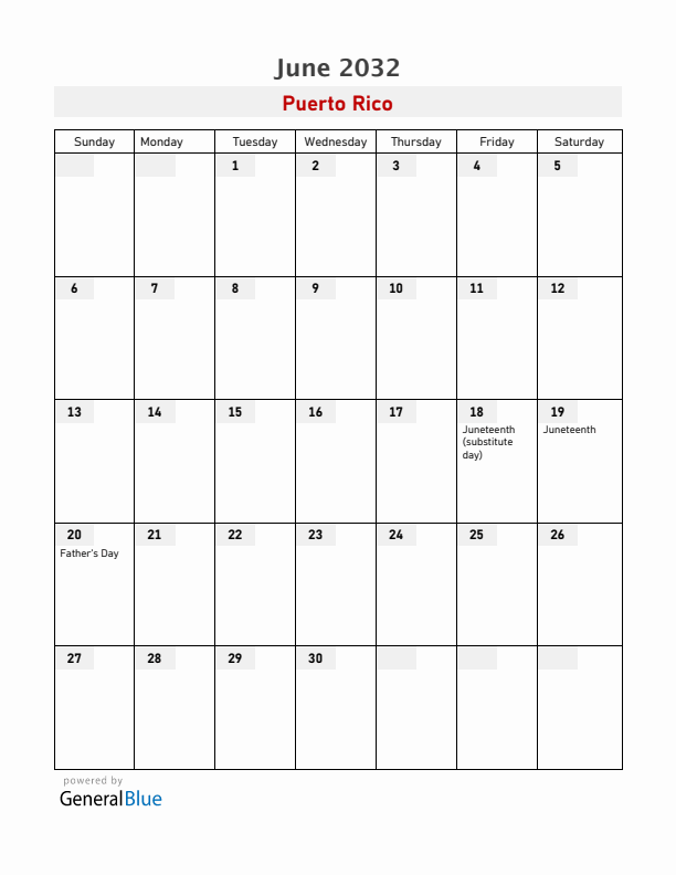 Puerto Rico June 2032 Calendar with Holidays