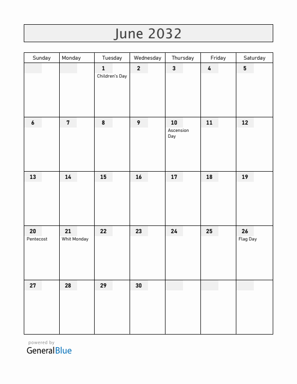 Romania June 2032 Calendar with Holidays