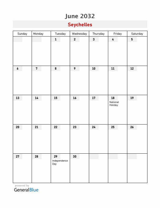 Seychelles June 2032 Calendar with Holidays