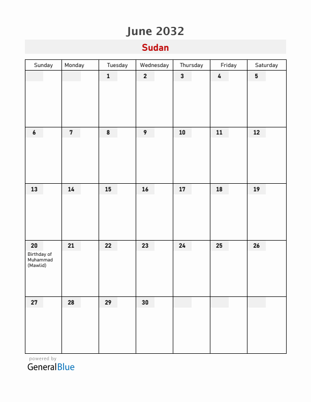 Sudan June 2032 Calendar with Holidays